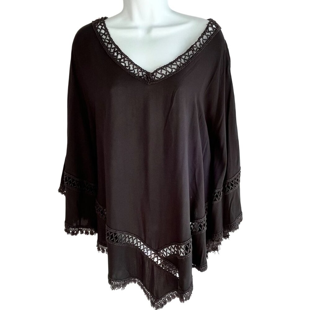 Womens Medium Black Poncho Top With Crochet Trim 87s